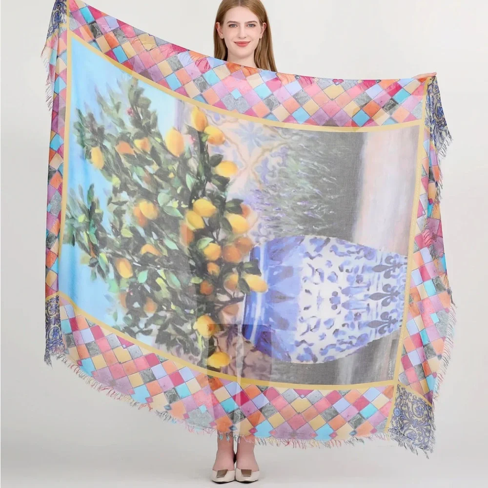 Colorful Lemon Print Scarf Mammoth Silk Modal Blend Wrap 140x180 cm